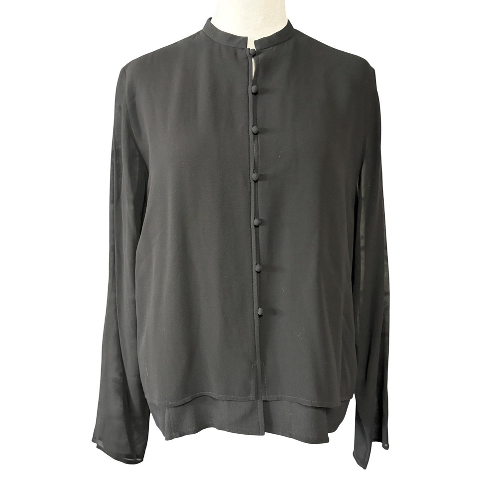 Eileen Fisher Button Up Shirt Womens Medium Black Silk Long Sleeve Basic